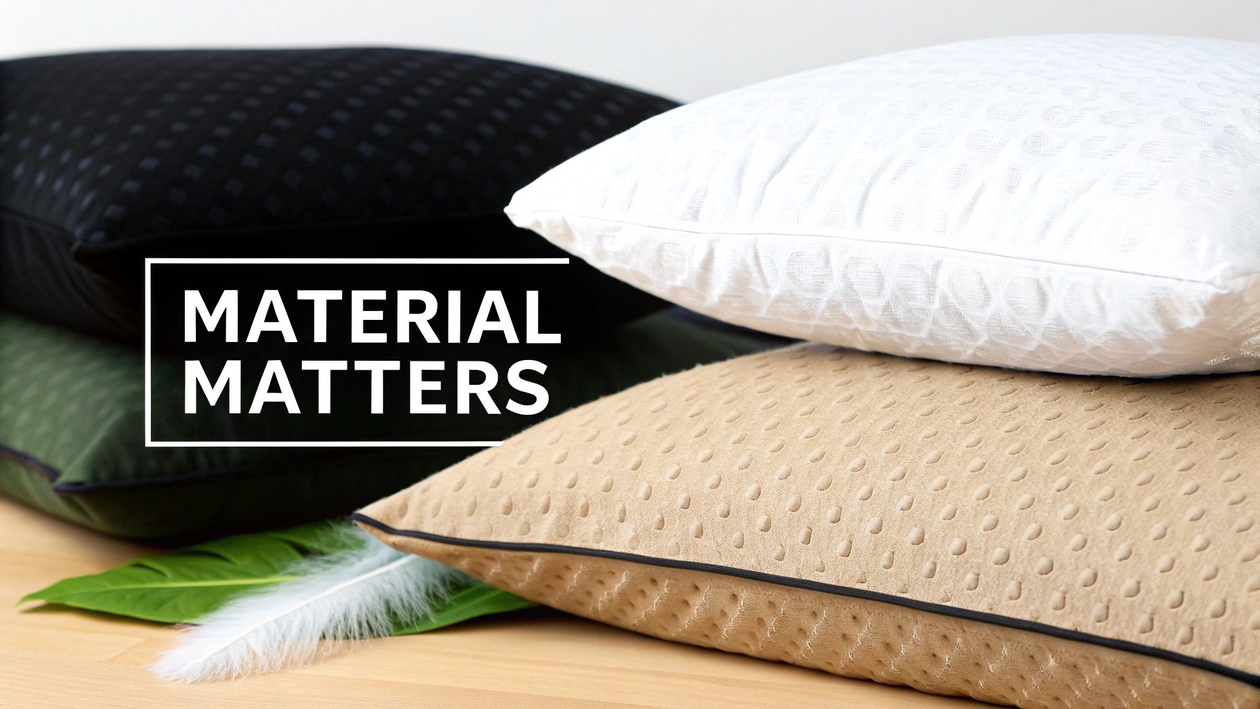 A stack of three textured pillows in black, white, and beige with a leaf and feather, emphasizing material quality.