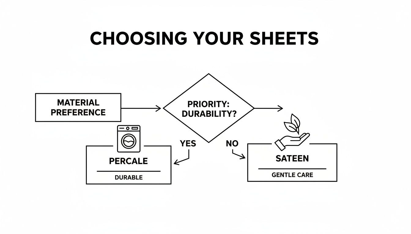 A flowchart guiding sheet selection: choose Percale for durability or Sateen for gentle care.