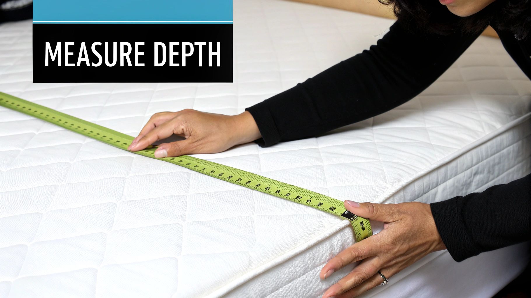 A person's hands measure the depth of a white mattress with a green tape measure, labeled 'MEASURE DEPTH'.