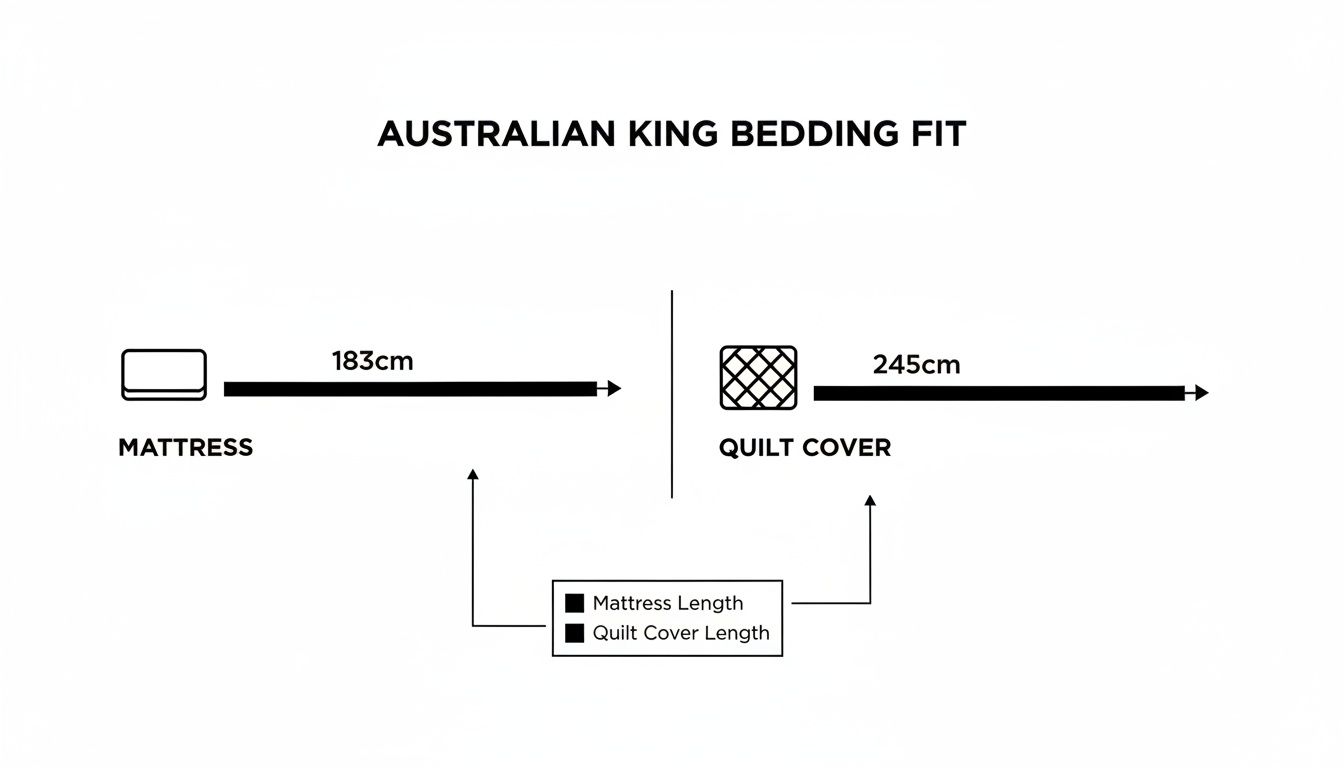Diagram illustrating Australian King bedding fit, showing mattress length (183cm) and quilt cover length (245cm).