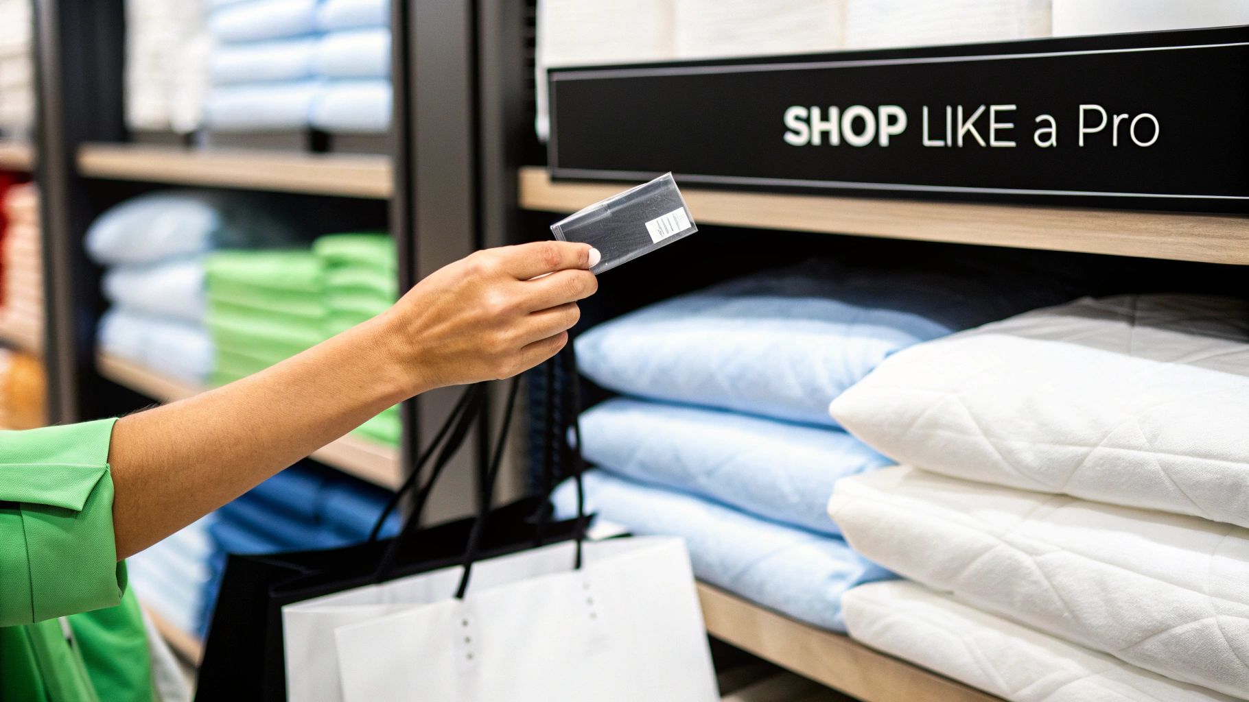 Shopper's hand holding a product tag and shopping bags in a store aisle with neatly stacked bedding.