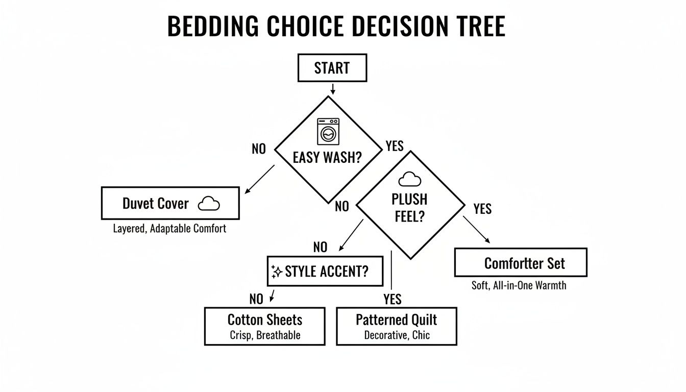 A bedding choice decision tree flowchart guiding users to select between duvets, comforters, sheets, or quilts.