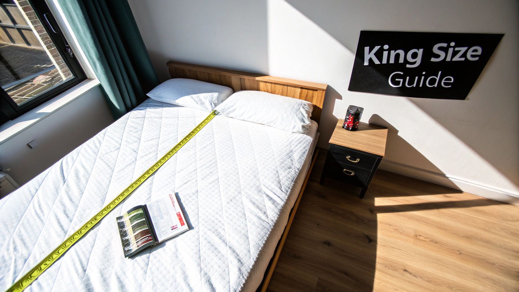 Overhead view of a bed with white bedding, pillows, a tape measure, and a 'King Size Guide' sign.