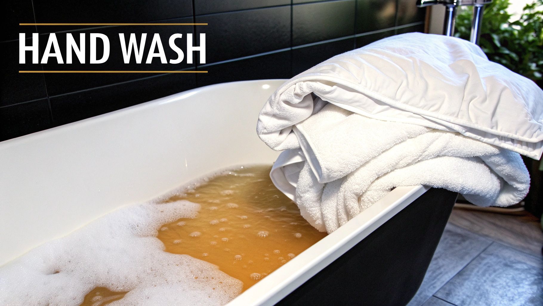 A person gently pressing a white doona in a clean bathtub to wash it by hand