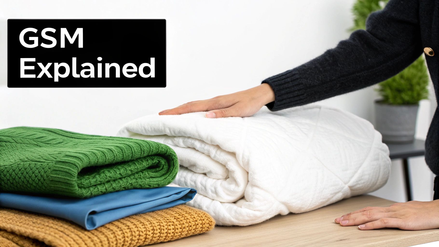 A hand gently touches a white quilted comforter next to folded clothes, illustrating GSM explained.