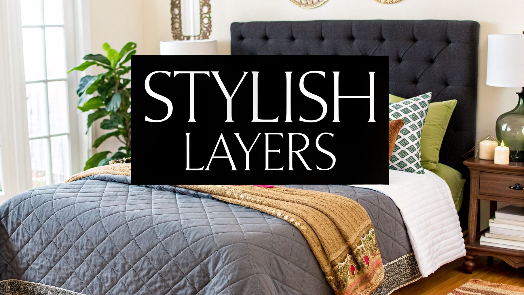 A close up shot of the puffy, stitched squares of a grey comforter.