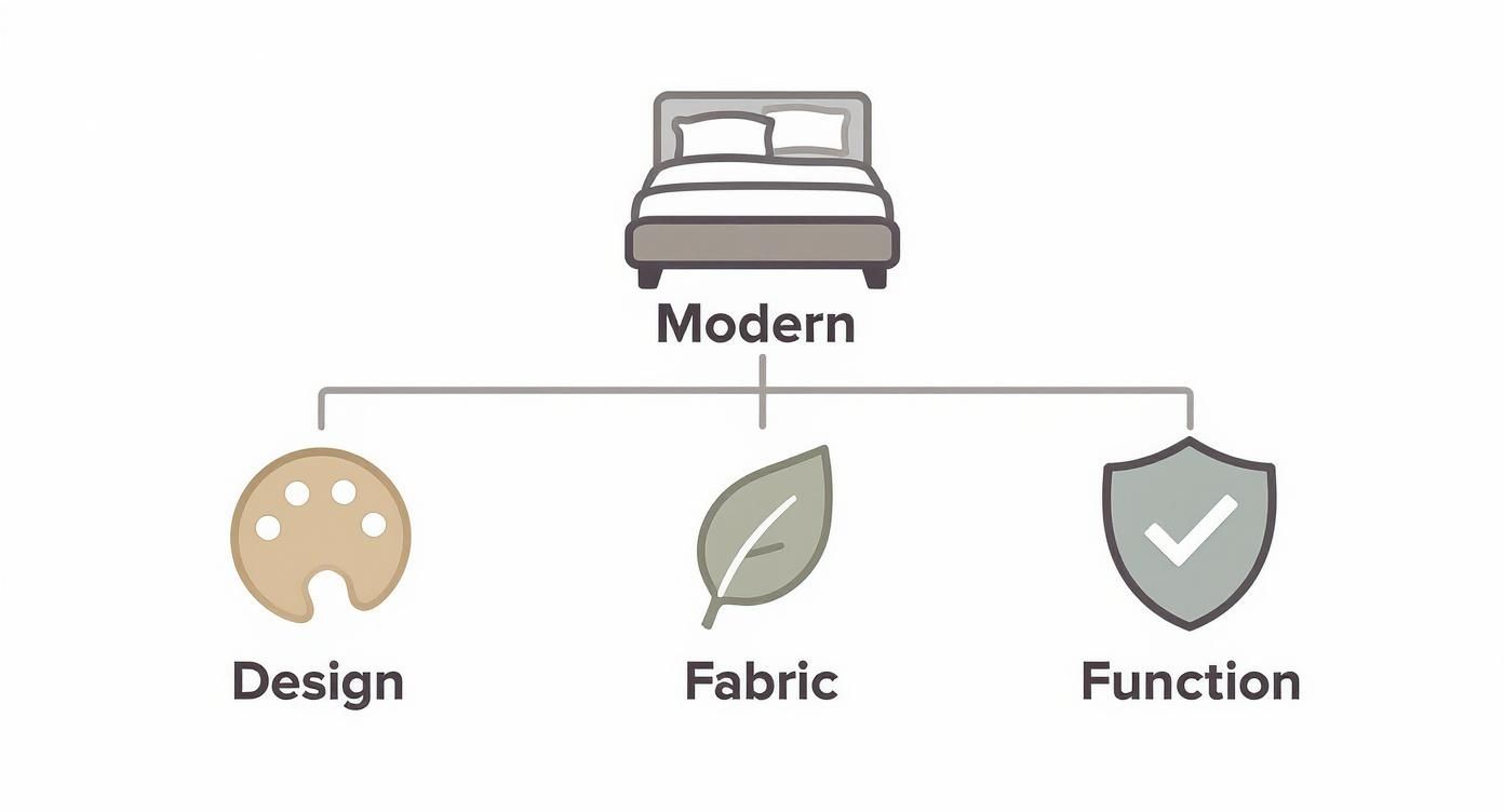 A diagram showing a modern bed, branching into design, fabric, and function aspects.