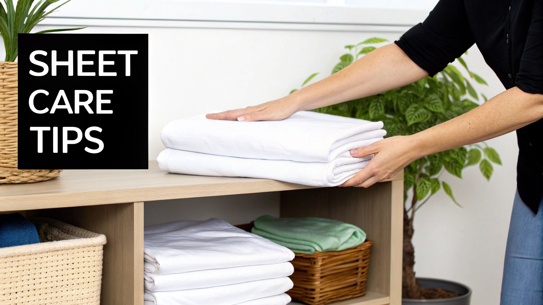 A person folds fresh white bed sheets on a wooden shelf, illustrating sheet care tips.
