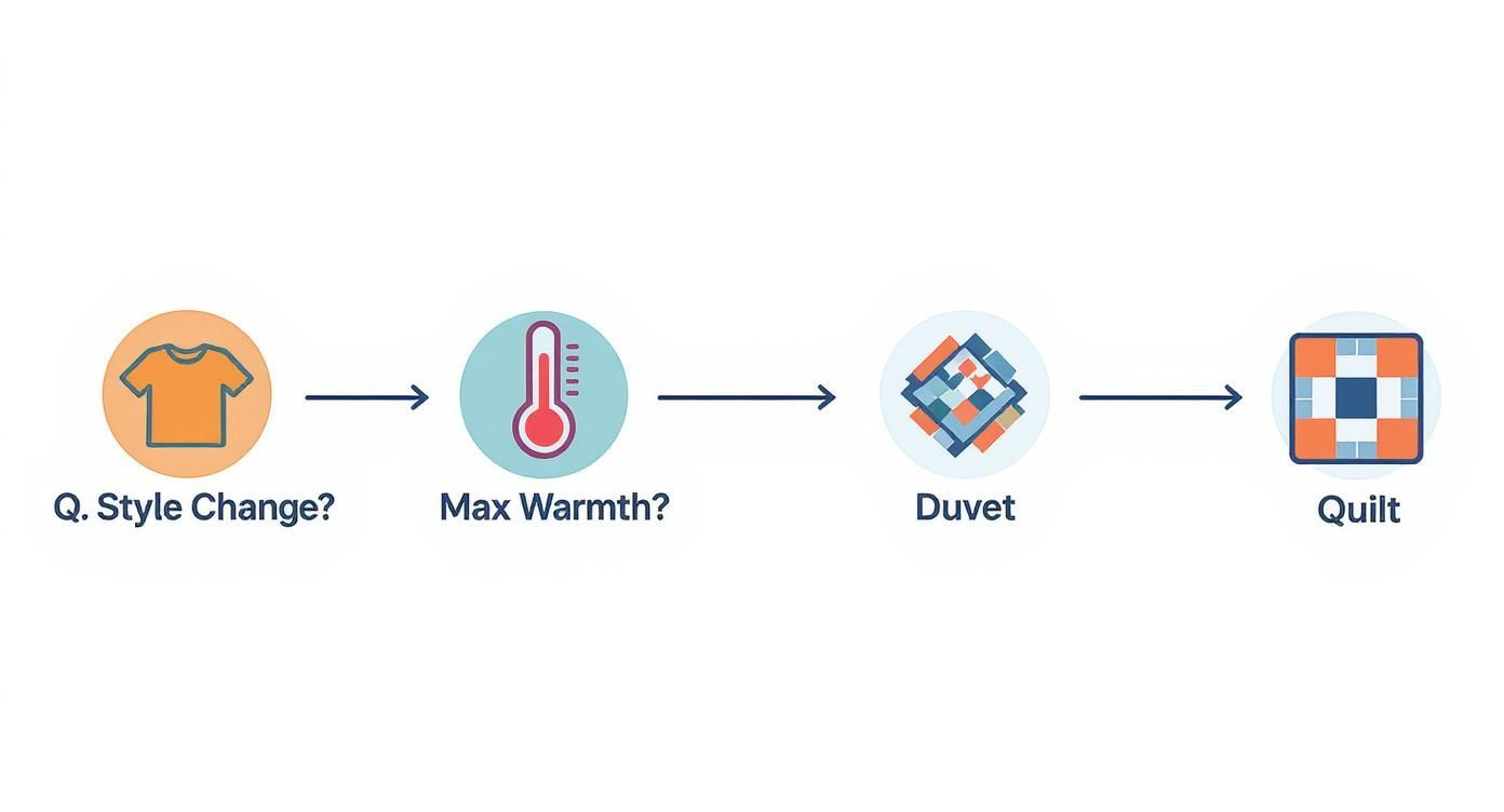 Flowchart showing selection process from style change question through maximum warmth to duvet versus quilt comparison