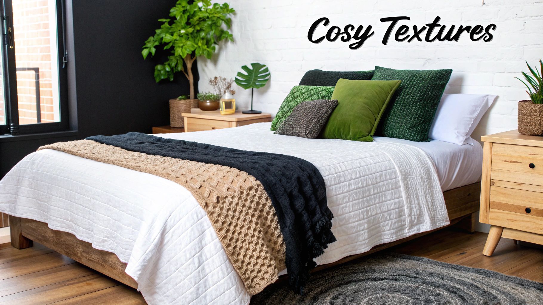 A stylishly layered bed featuring neutral-coloured extra deep brushed cotton fitted sheets, paired with a chunky knit throw and various textured cushions.
