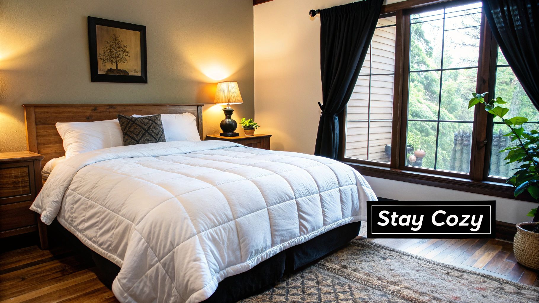 A cosy and inviting bed with a warm-looking duvet cover, pillows, and a throw blanket.