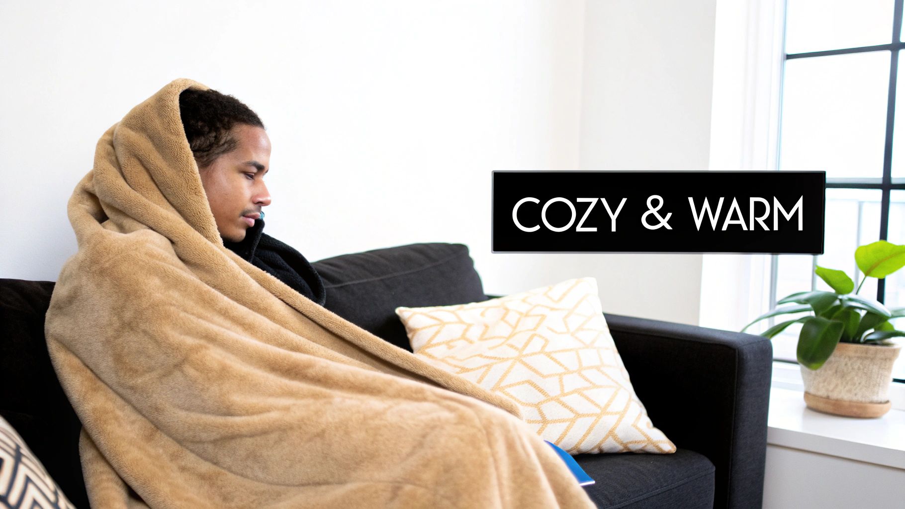 A young person wrapped snugly in a tan polar fleece blanket on a sofa, looking warm and comfortable.