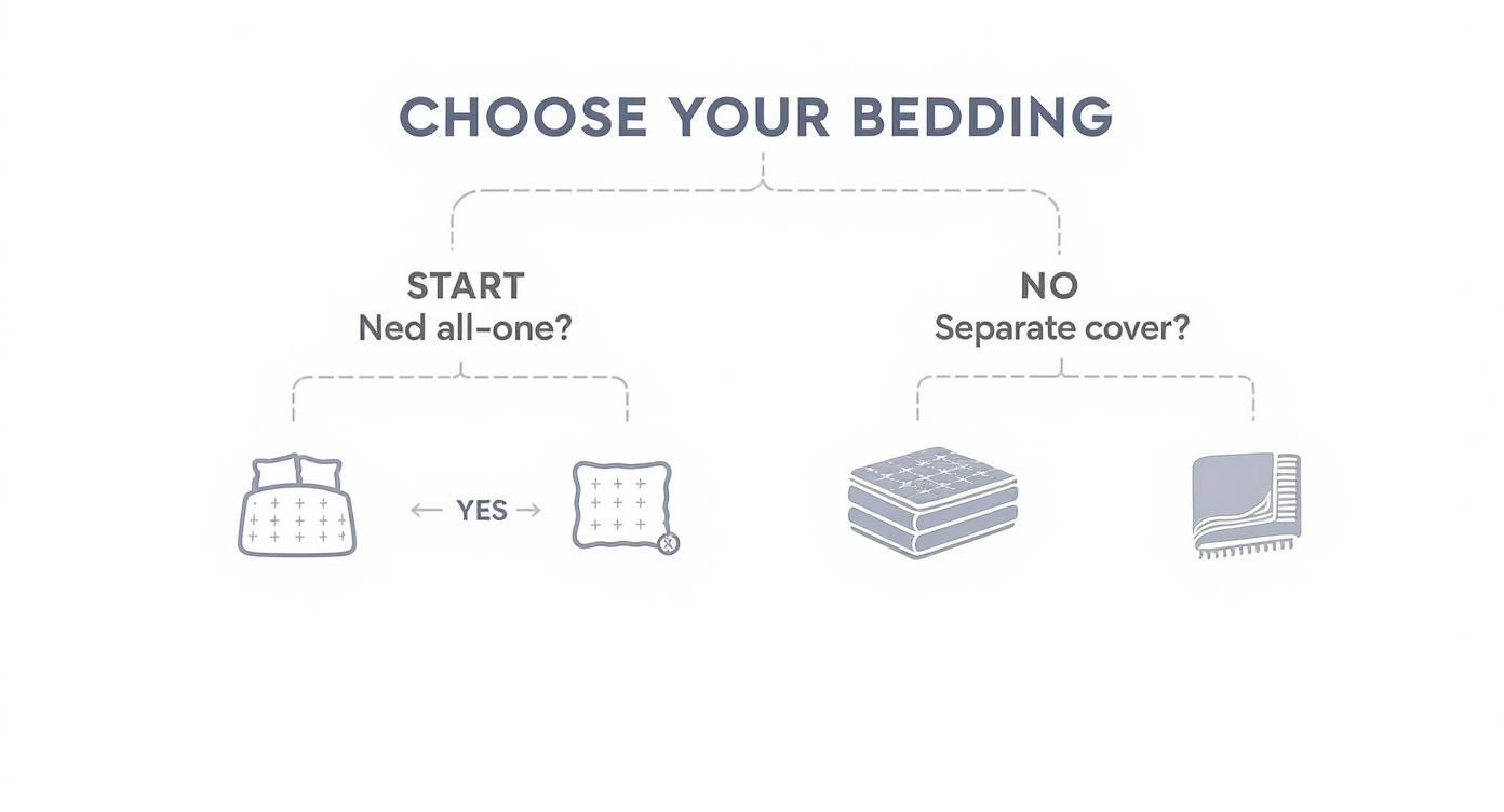 A flowchart guiding users to choose bedding, showing options for all-in-one or separate covers.