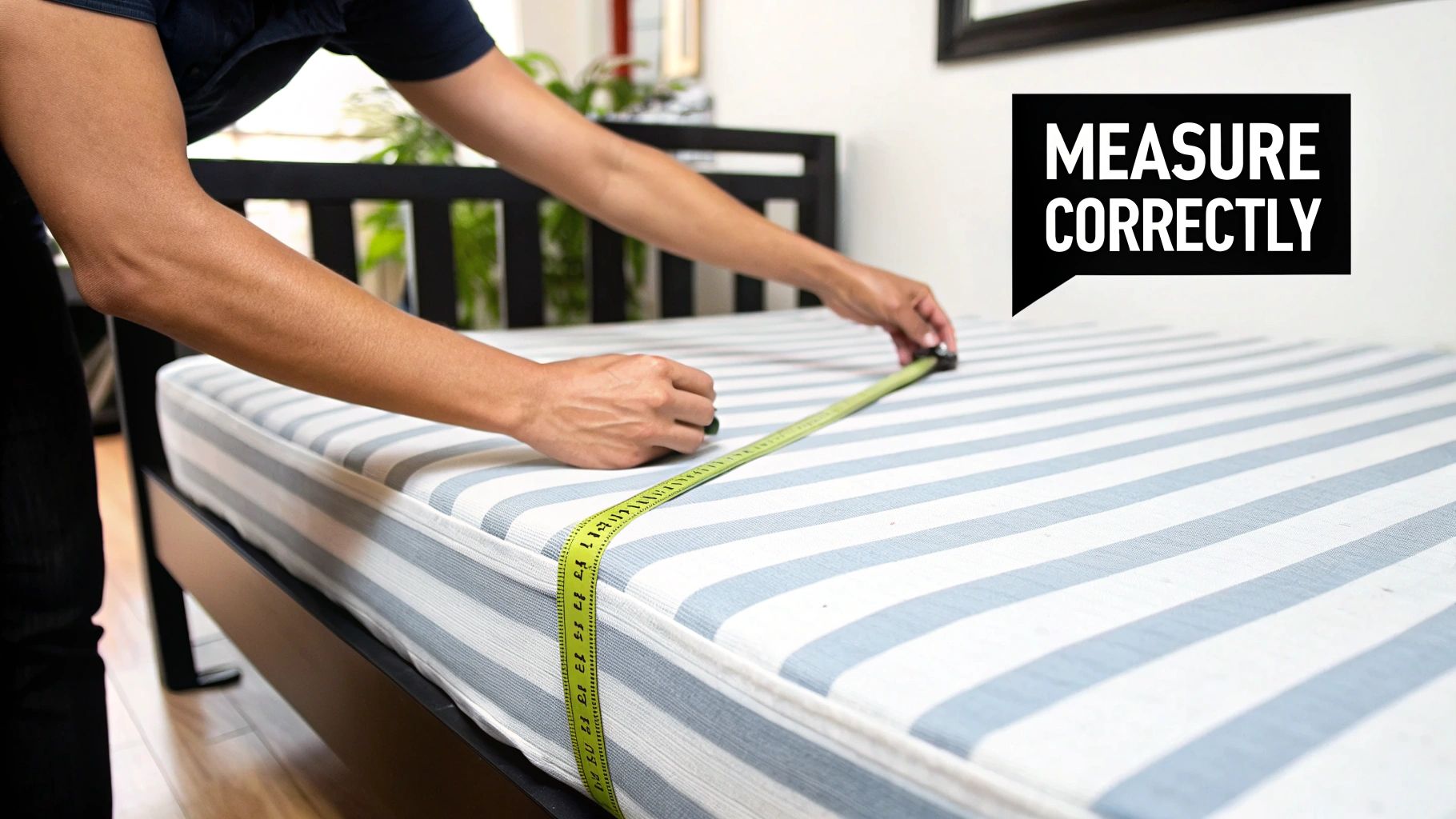 A person measures a blue and white striped mattress on a bed with a green tape measure.