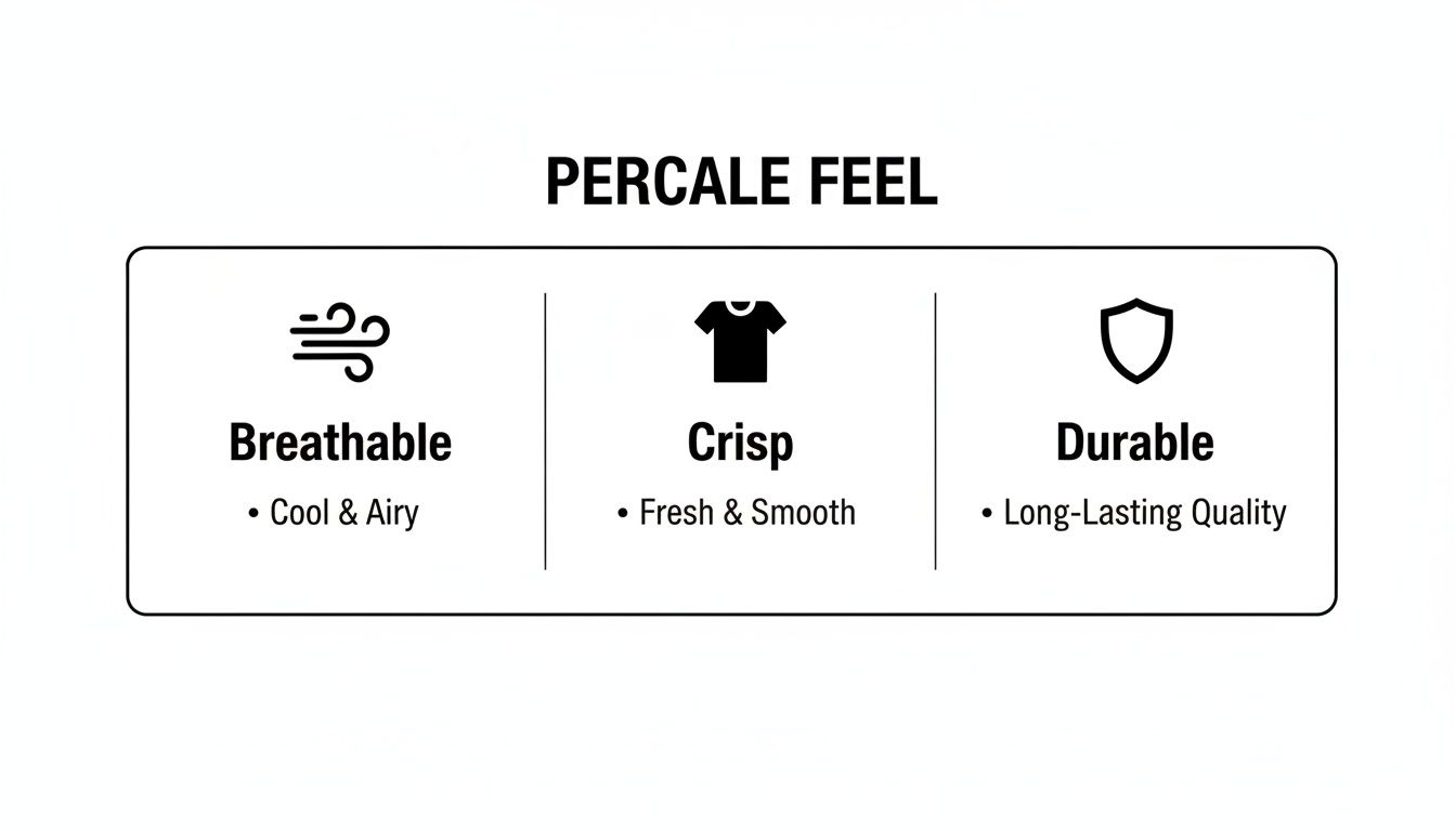 Infographic highlighting percale fabric feel with icons for breathable, crisp, and durable qualities.