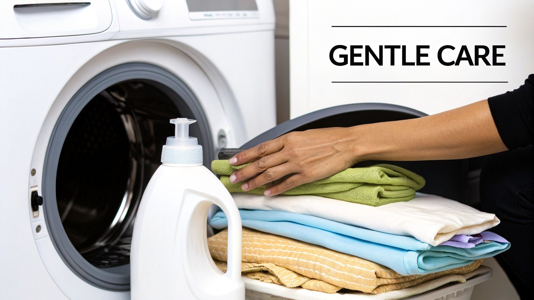 A person loads folded laundry into a washing machine, with a detergent bottle nearby and text 'GENTLE CARE'.