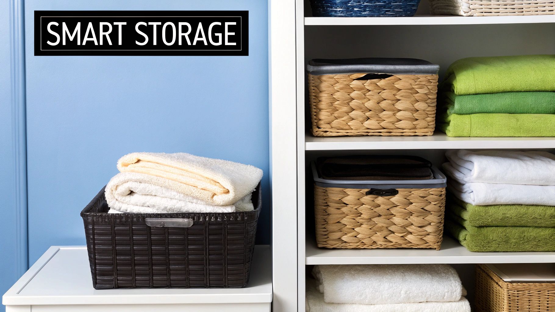 Neatly folded sheet sets and towels organised in baskets inside a white linen cupboard.