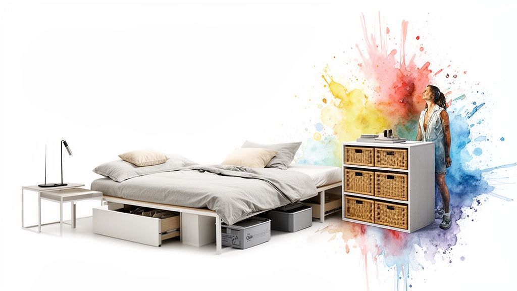 Modern bedroom with a bed featuring under-bed storage, side tables, and a woman beside a wicker-basket dresser.