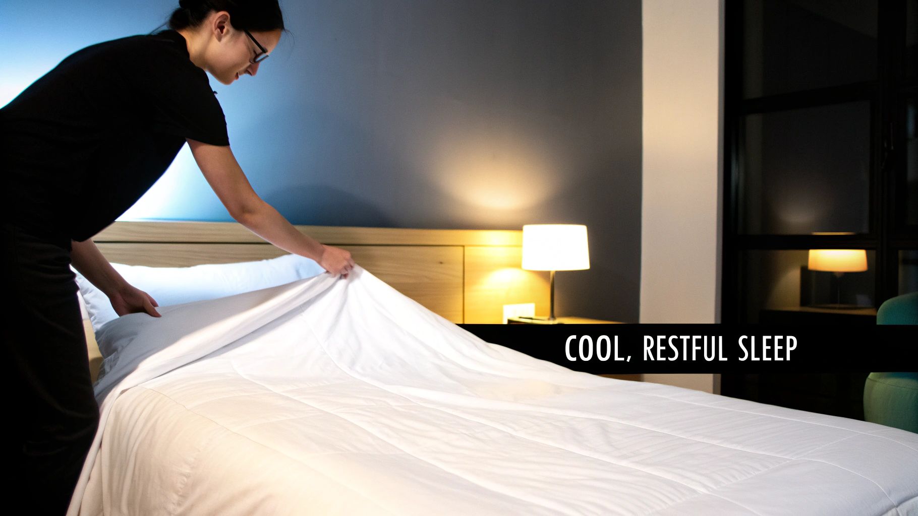 A person making a bed, carefully placing a white duvet cover for a cool, restful sleep.