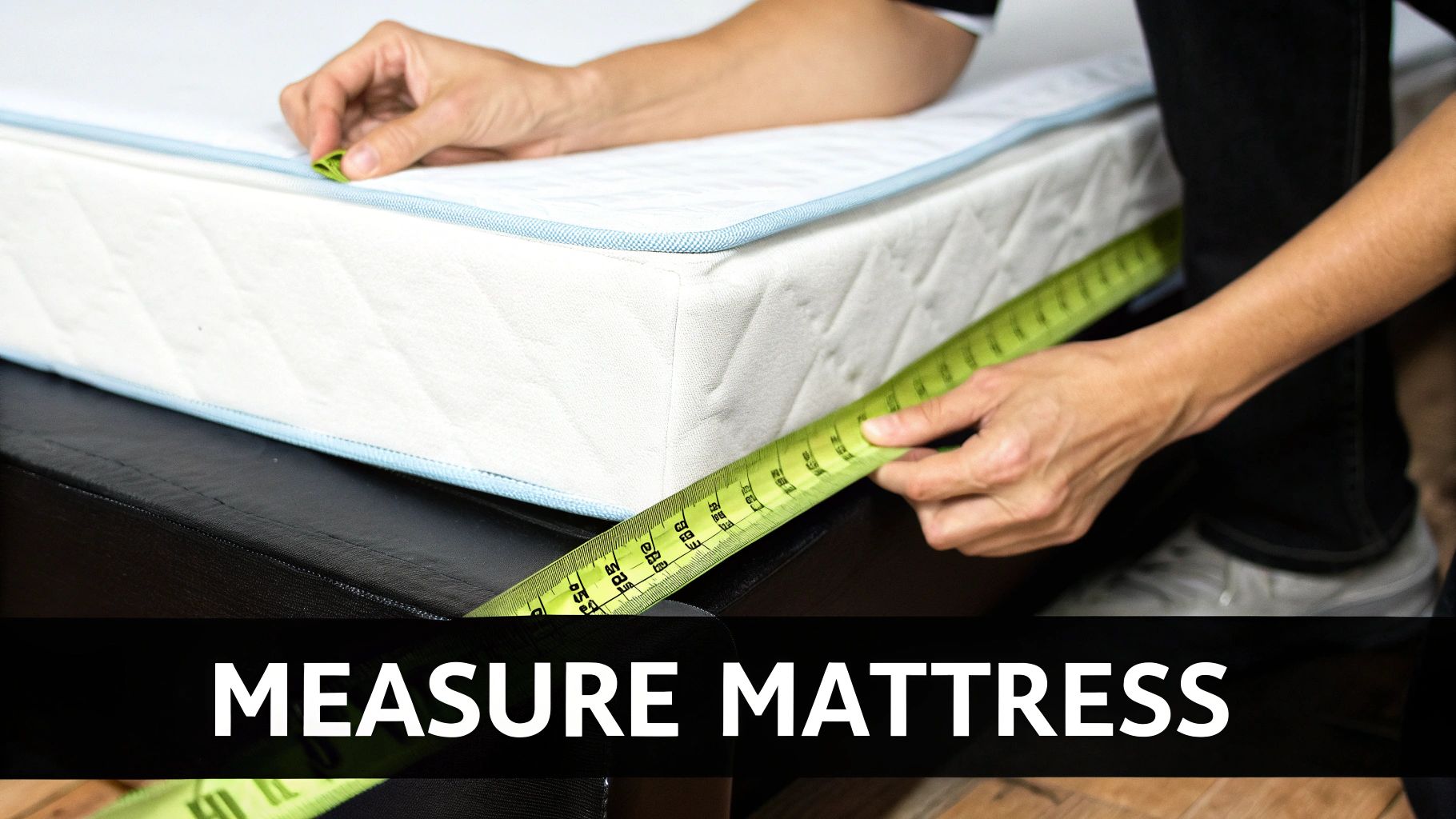 Close-up of a person measuring the side of a white mattress with a green measuring tape.