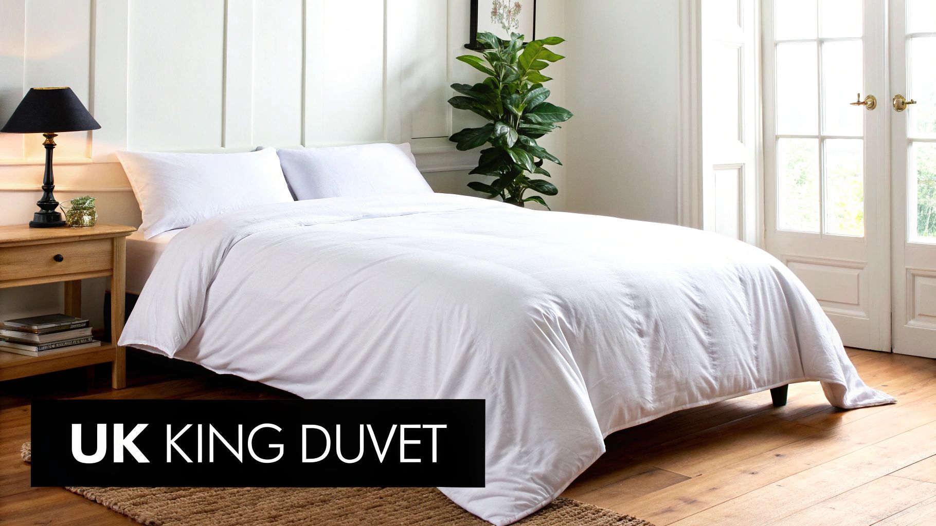 A serene bedroom scene featuring a bed dressed with a crisp white UK king duvet, alongside a wooden nightstand and a green plant.