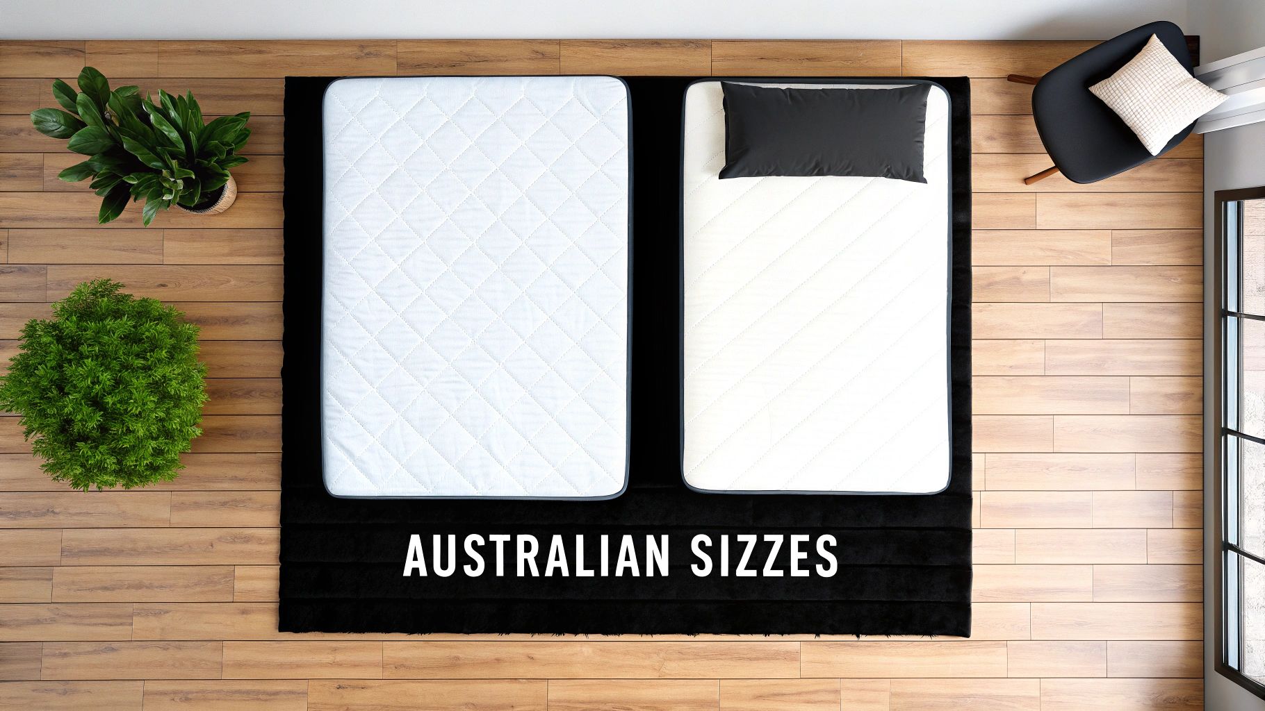 Overhead shot of two white mattresses on a black rug, labeled Australian sizes, with plants and a chair.