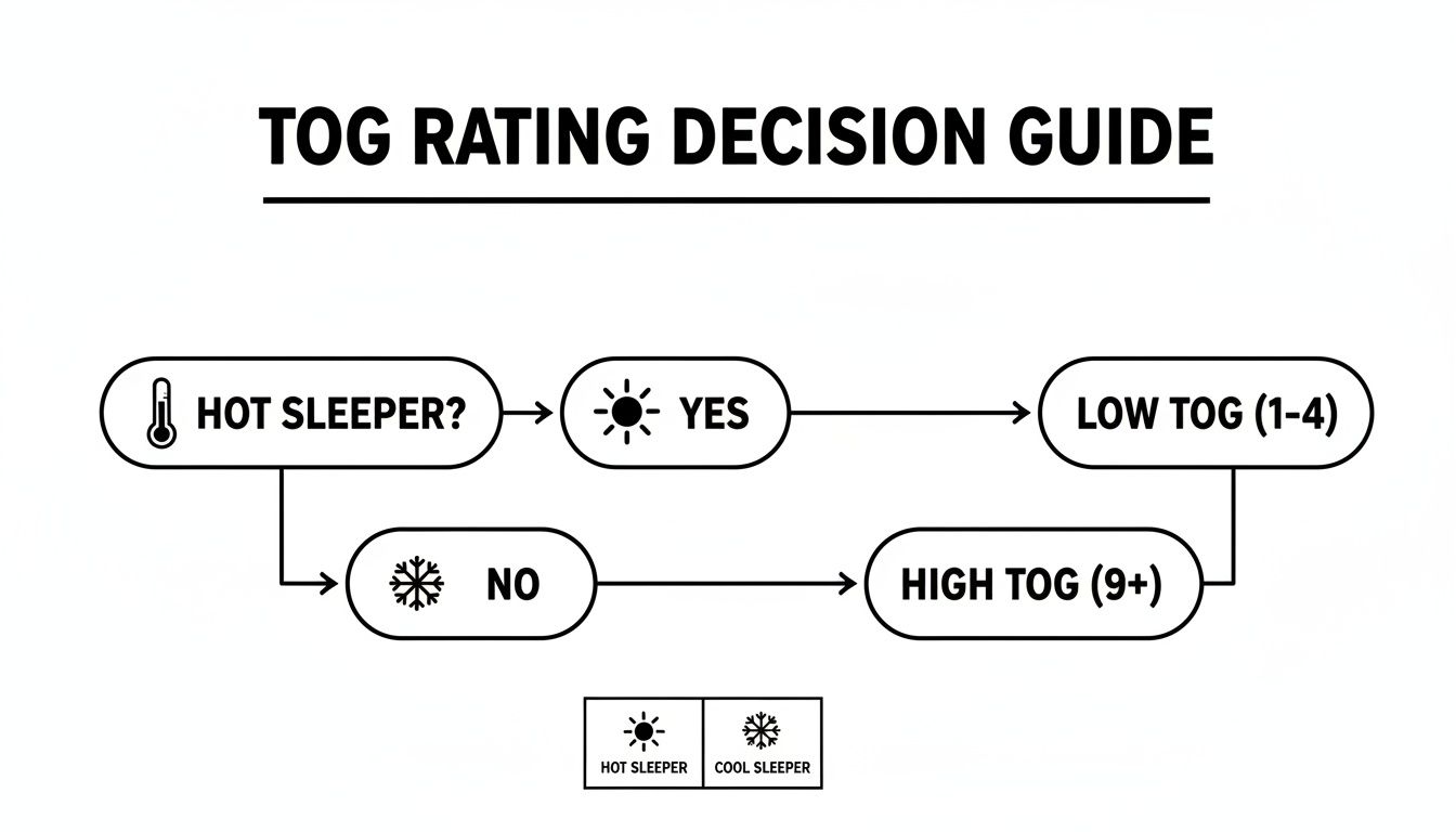 A flowchart guide for choosing TOG rating based on whether one is a hot or cool sleeper.