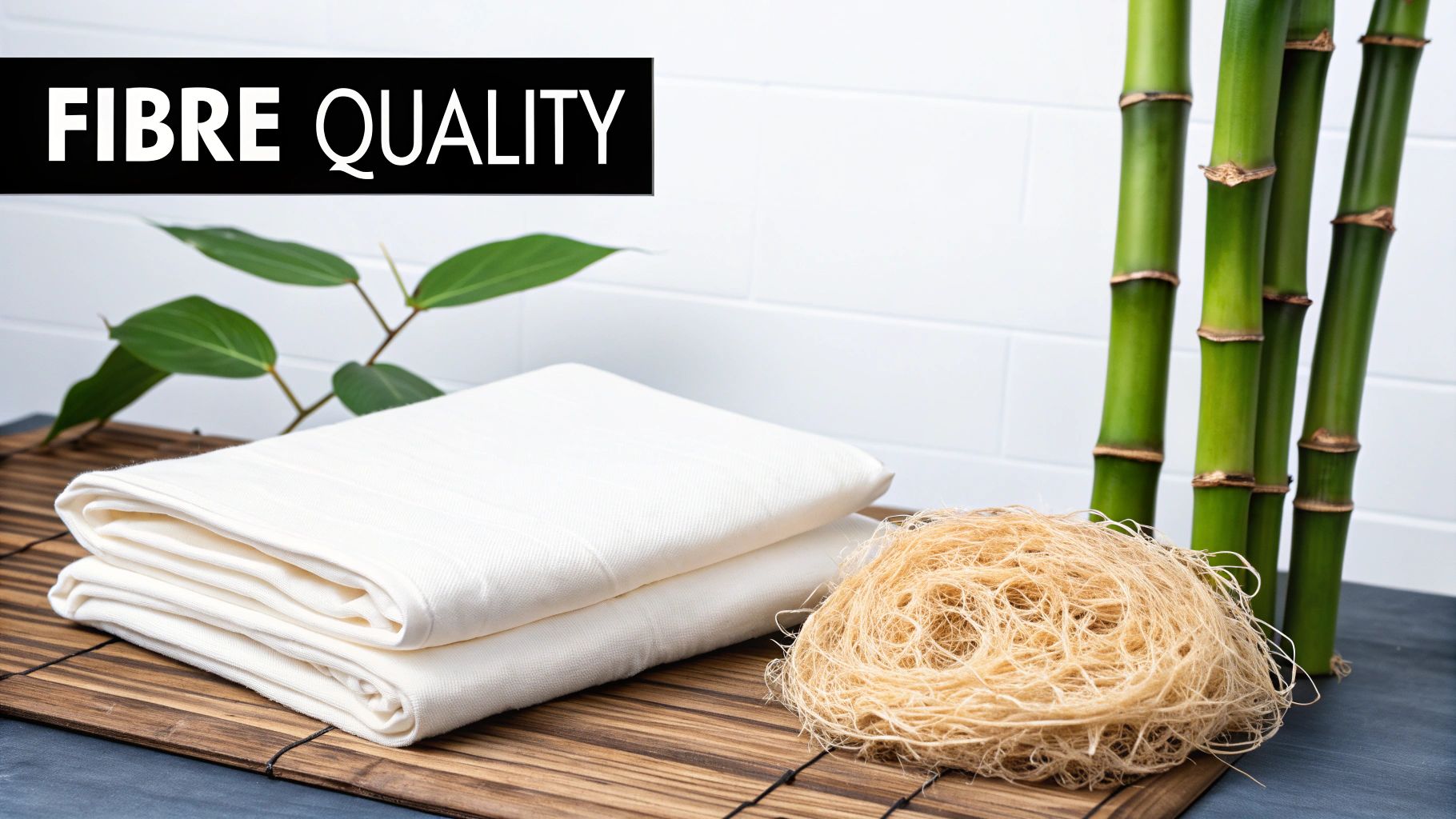 White folded fabric, raw fibers, and green bamboo stalks on a mat, emphasizing fibre quality.