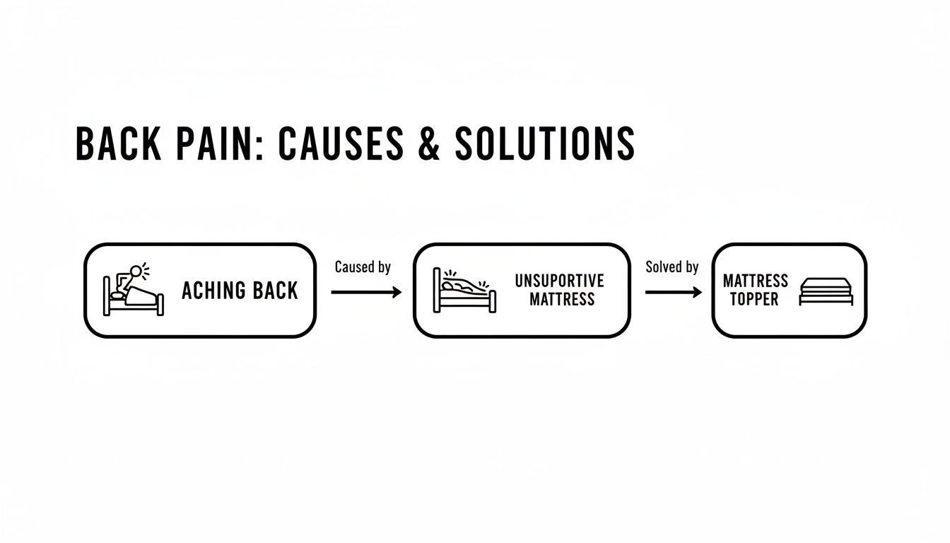 A flowchart showing aching back caused by an unsupportive mattress and solved by a mattress topper.