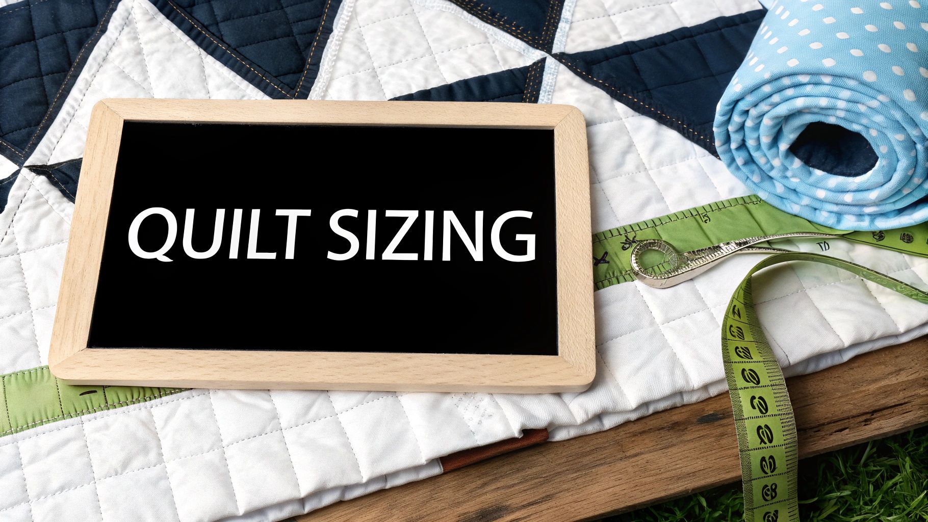 A chalkboard displaying 'QUILT SIZING' on a quilted fabric with a measuring tape and fabric.