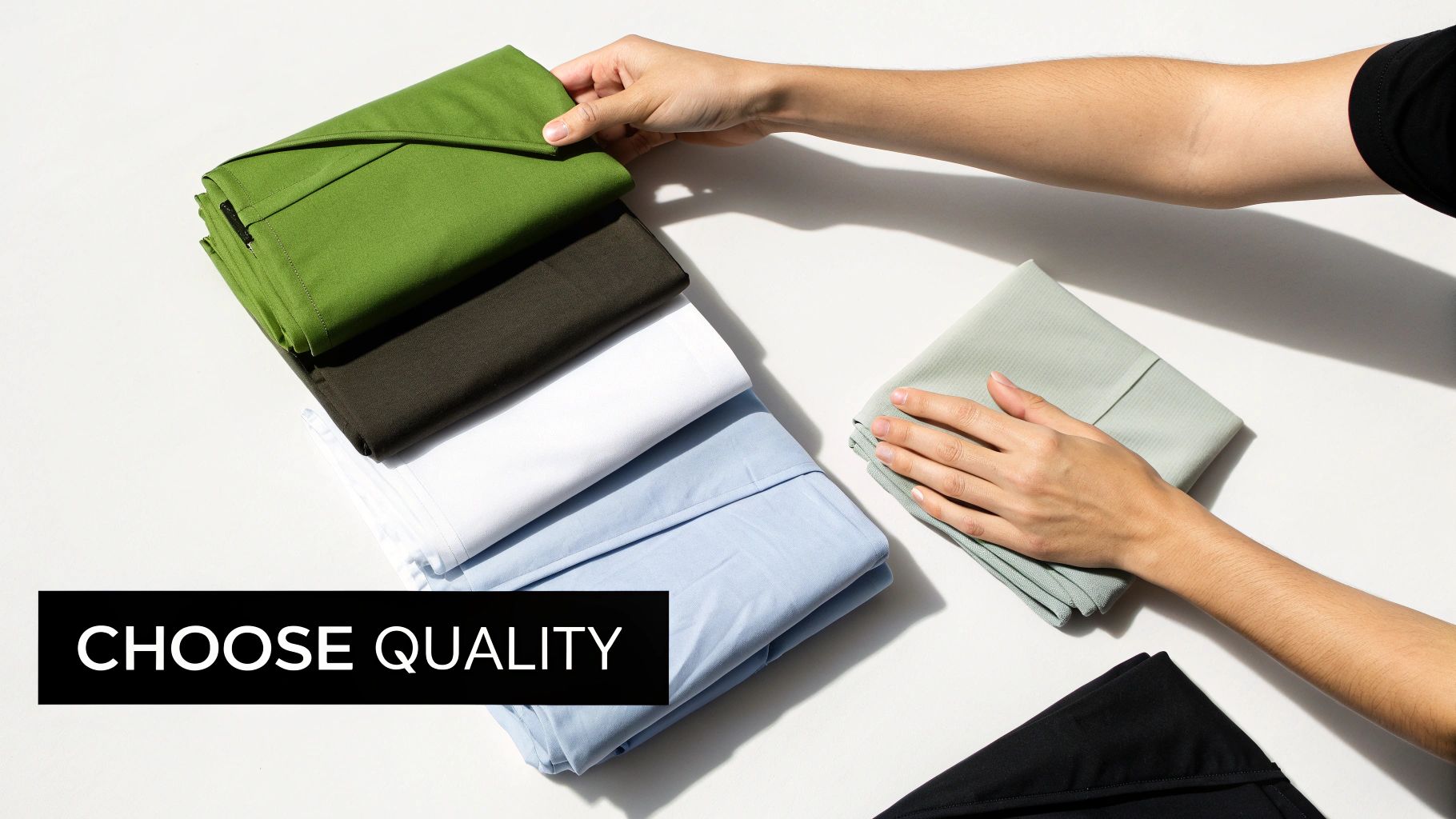 A person inspecting the high-quality fabric of a sateen bed sheet.