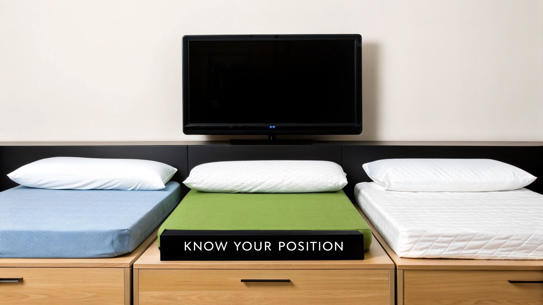 Three different mattresses and pillows displayed below a TV with a 'Know Your Position' sign.