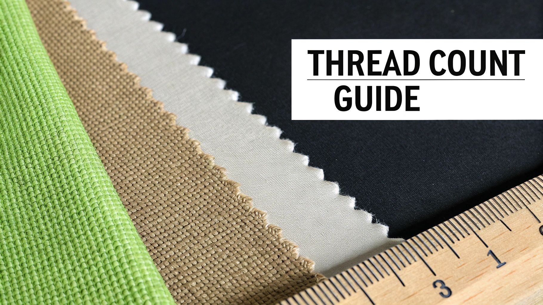 Fabric swatches in green, brown, and beige with a ruler and 'THREAD COUNT GUIDE' text.