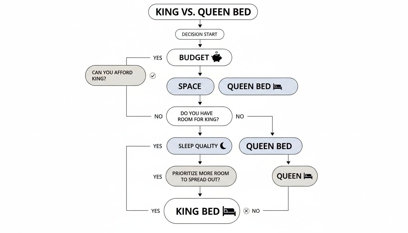 A decision tree flowchart guiding the choice between a king vs. queen bed based on budget, space, and sleep quality.