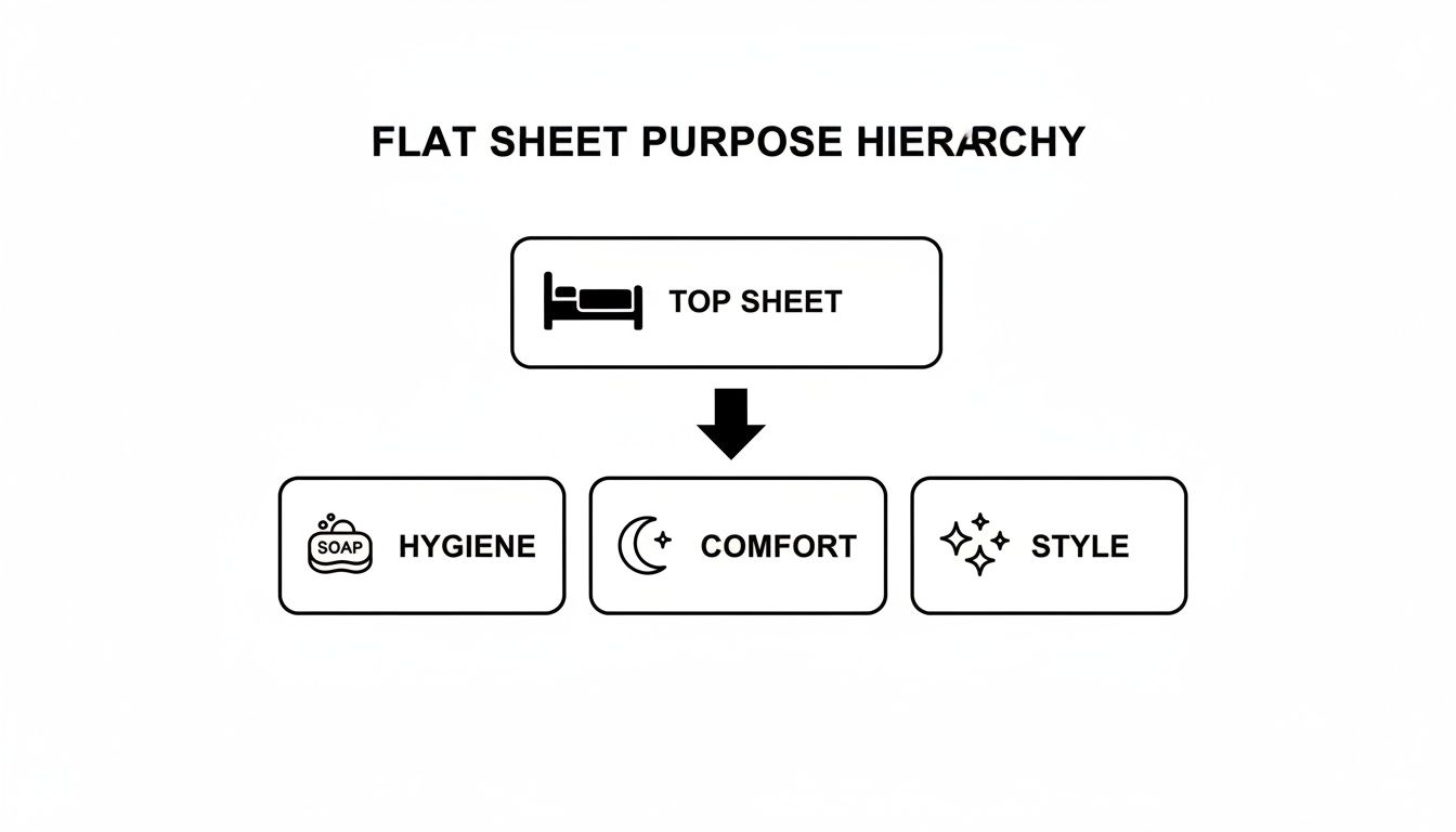 A hierarchy diagram titled 'Flat Sheet Purpose Hierarchy' showing top sheet leads to hygiene, comfort, and style.