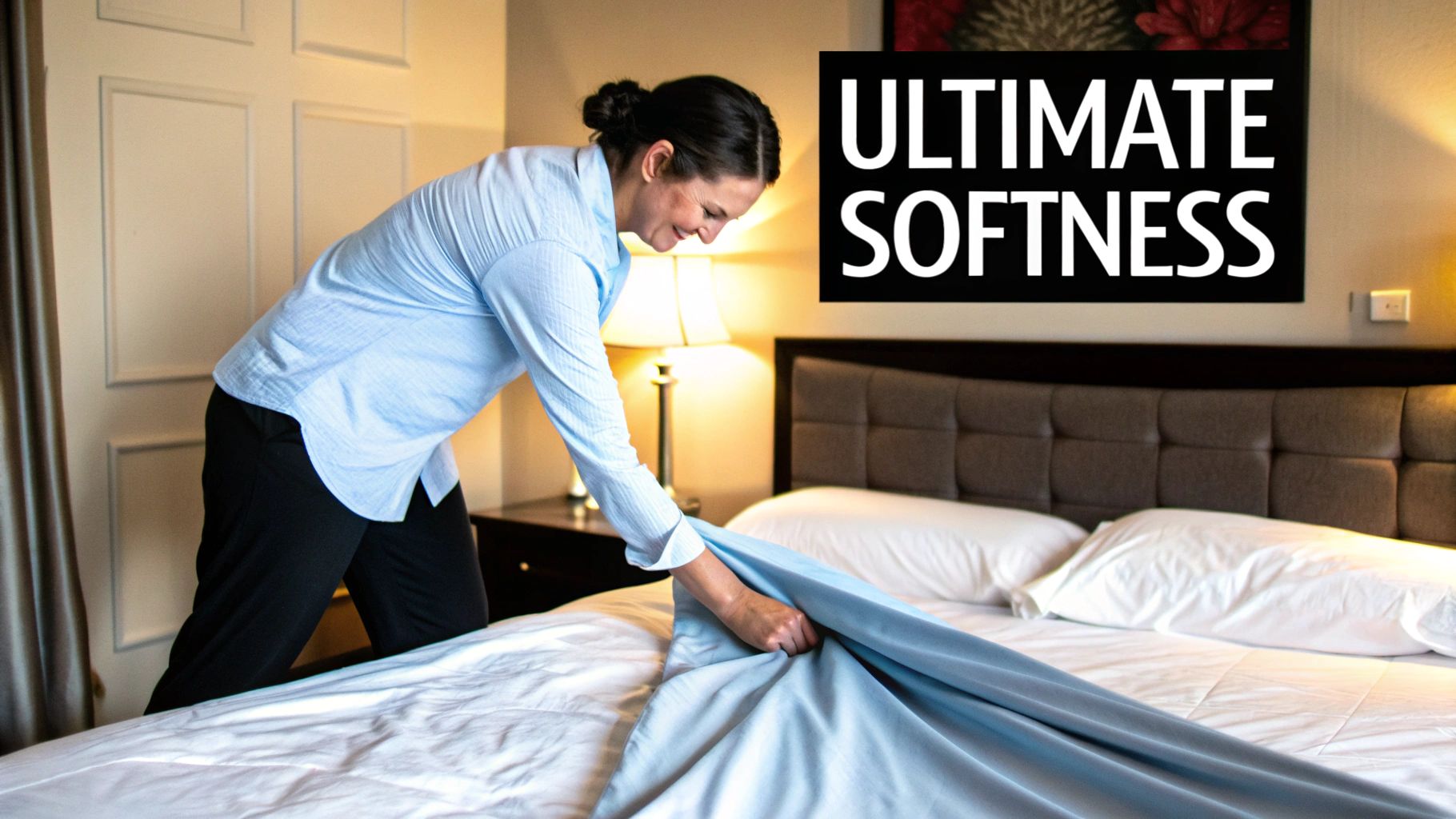 A neatly made bed with cosy-looking sateen sheets