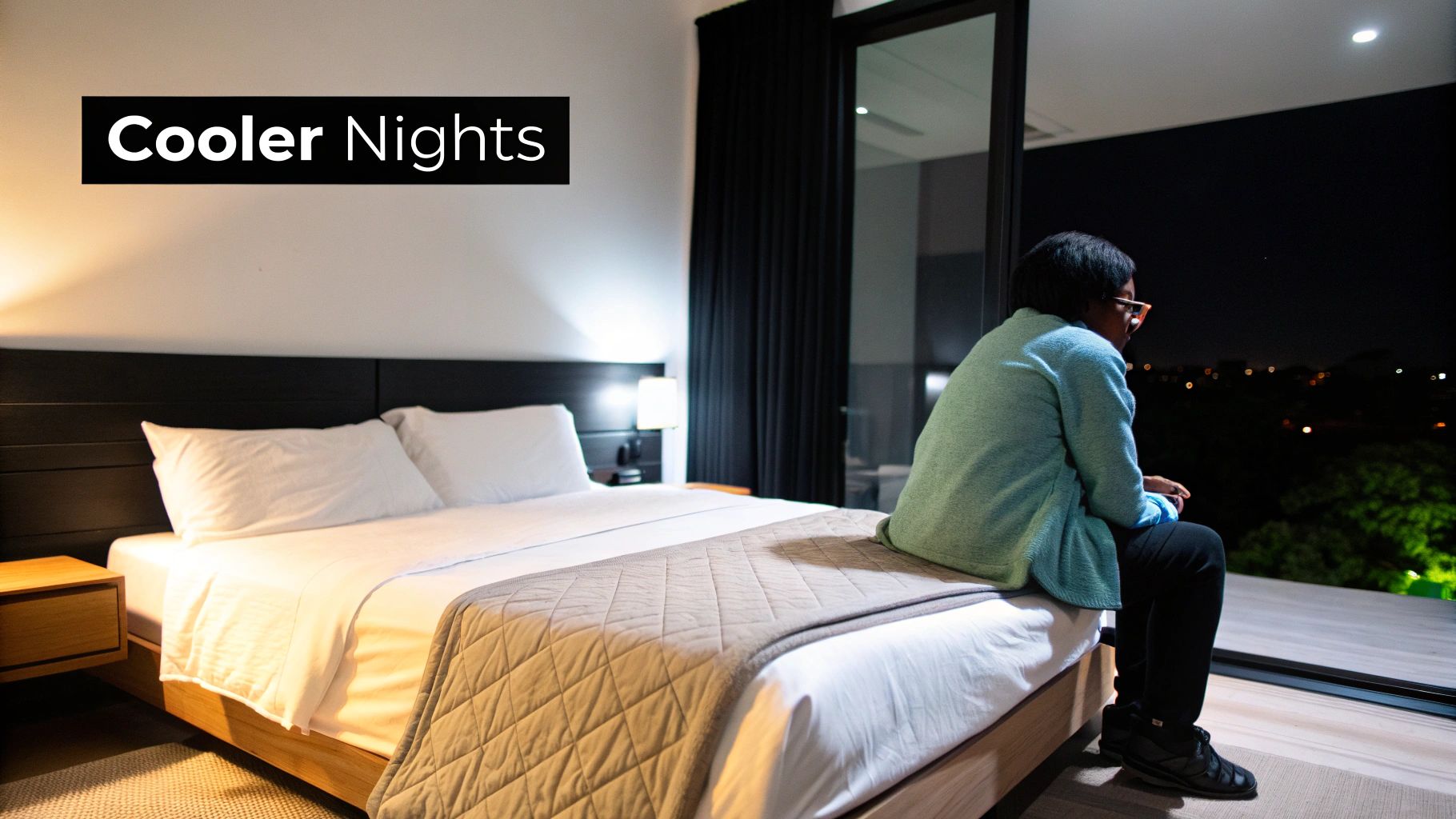 Person in green sweater sitting on bed looking out window during cool evening night