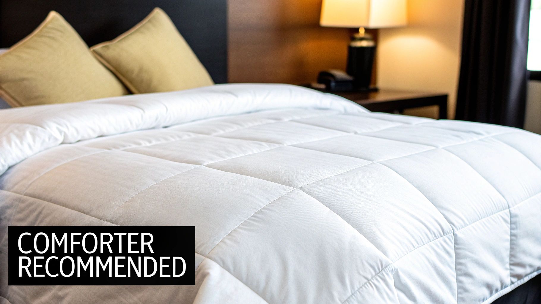 A close-up shot of a white quilted comforter on a bed with gold pillows and a bedside lamp in a hotel room.