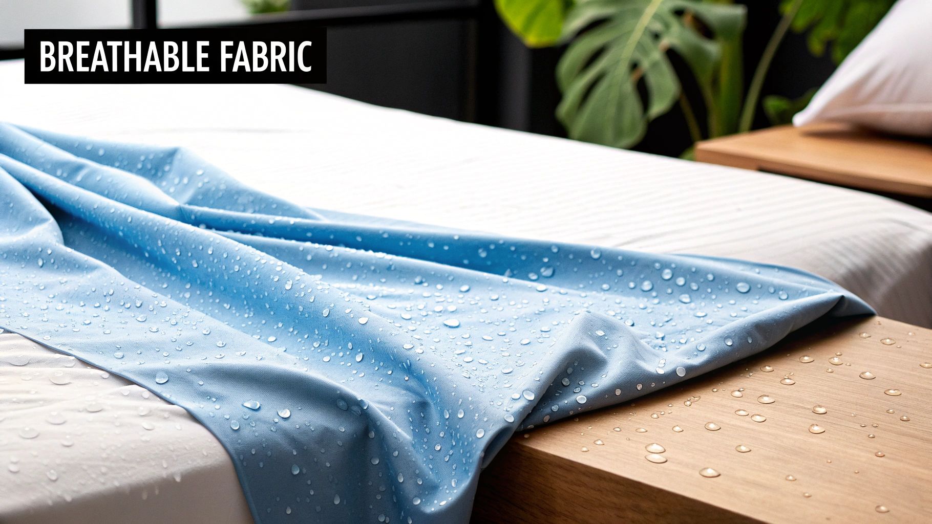 Close-up of a light blue breathable fabric with water droplets on a white striped bed and wooden surface.
