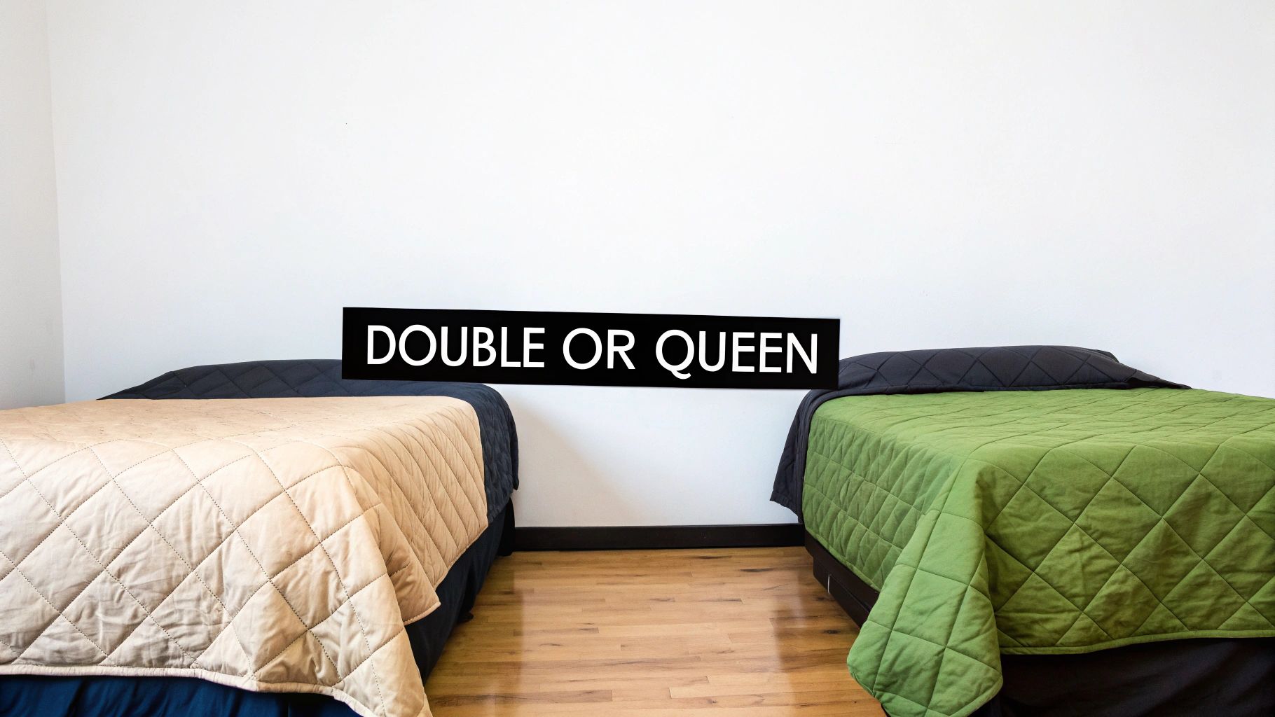 Two beds with quilted bedspreads, one beige, one green, and text 'DOUBLE OR QUEEN'.
