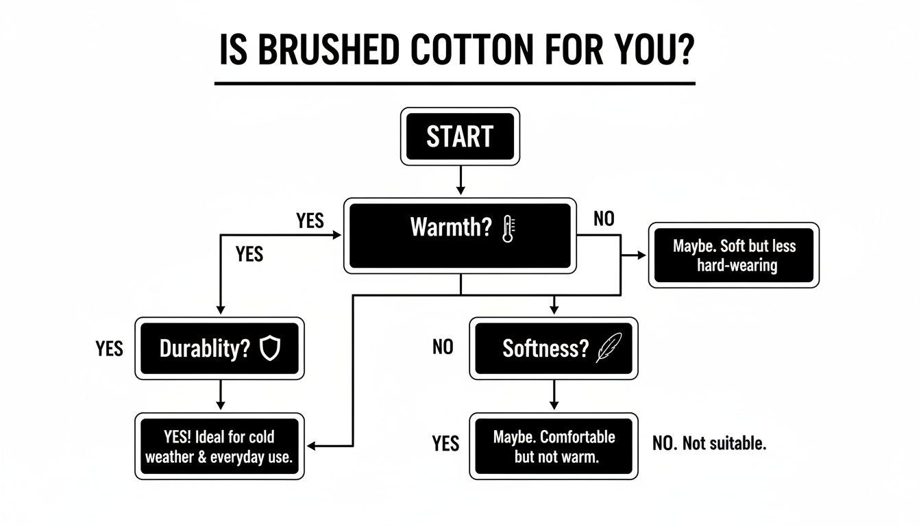 A flowchart guiding users to determine if brushed cotton is suitable based on warmth, durability, and softness.