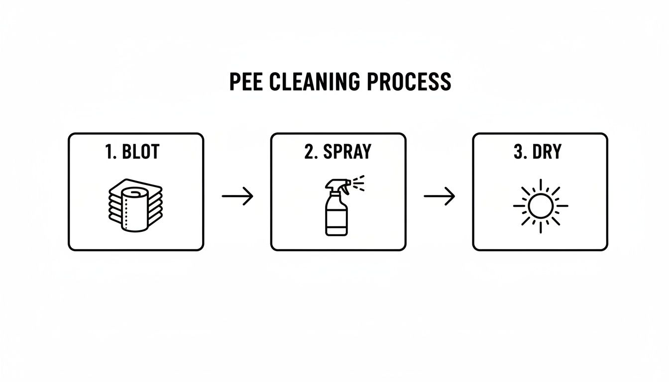 A three-step graphic illustrating the pee cleaning process: 1. Blot with paper towels, 2. Spray with cleaner, 3. Dry in the sun.