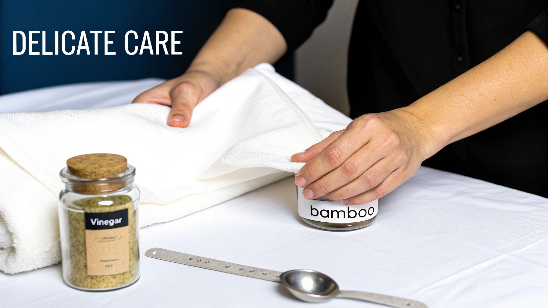 Hands gently folding white laundry with jars of natural cleaning ingredients like vinegar and bamboo.