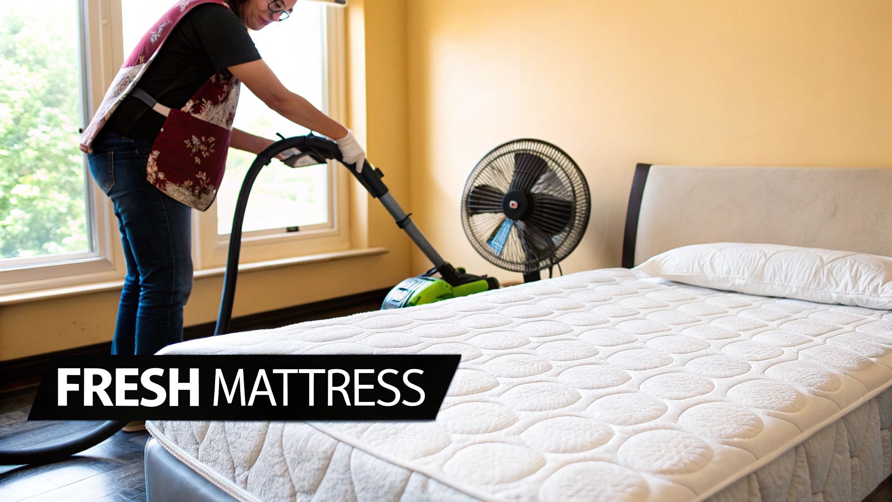 A person in an apron and gloves vacuums a white mattress, making it fresh and clean.