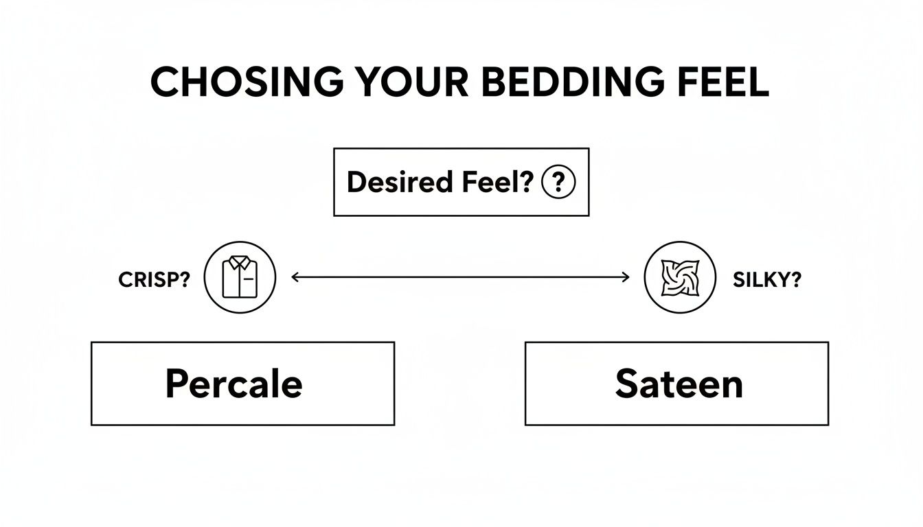 A diagram explaining how to choose bedding feel: Percale for crisp, Sateen for silky.