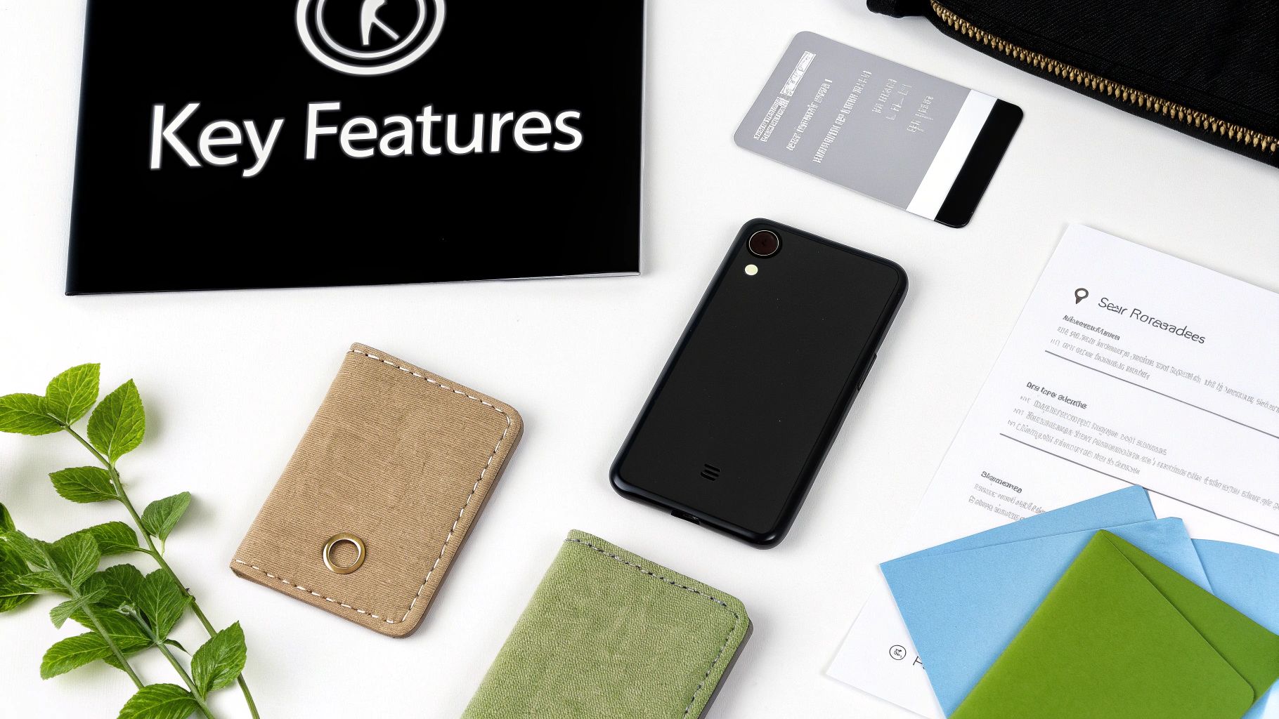 A professional flat lay displaying a smartphone, 'Key Features' sign, document, and pouches on white.