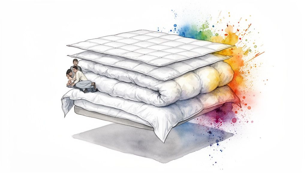 Three small people find comfort and security on a vast stack of white bedding, with vibrant watercolor art.