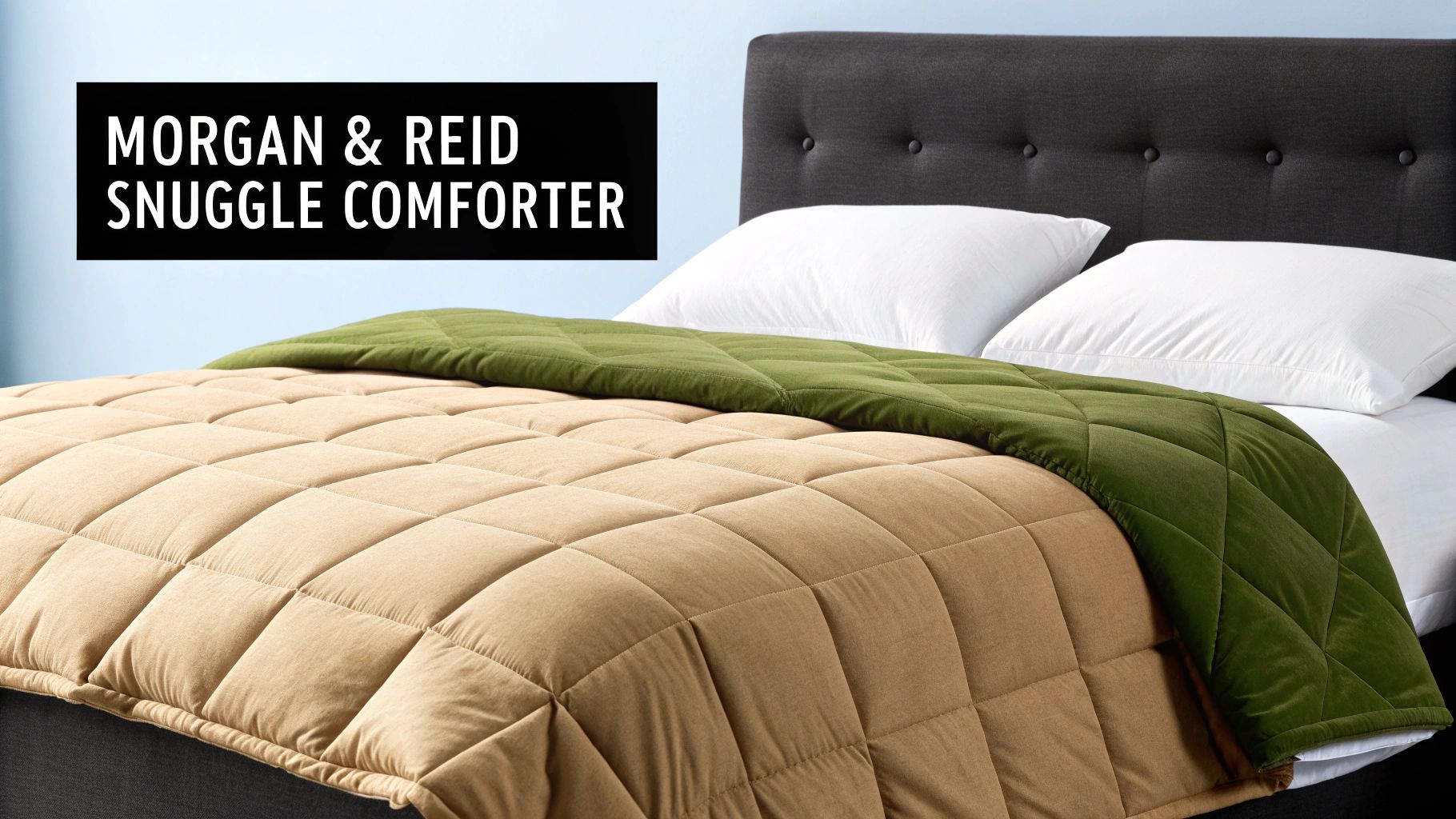 A bed with a two-toned tan and olive green quilted comforter, white pillows, and a dark headboard.