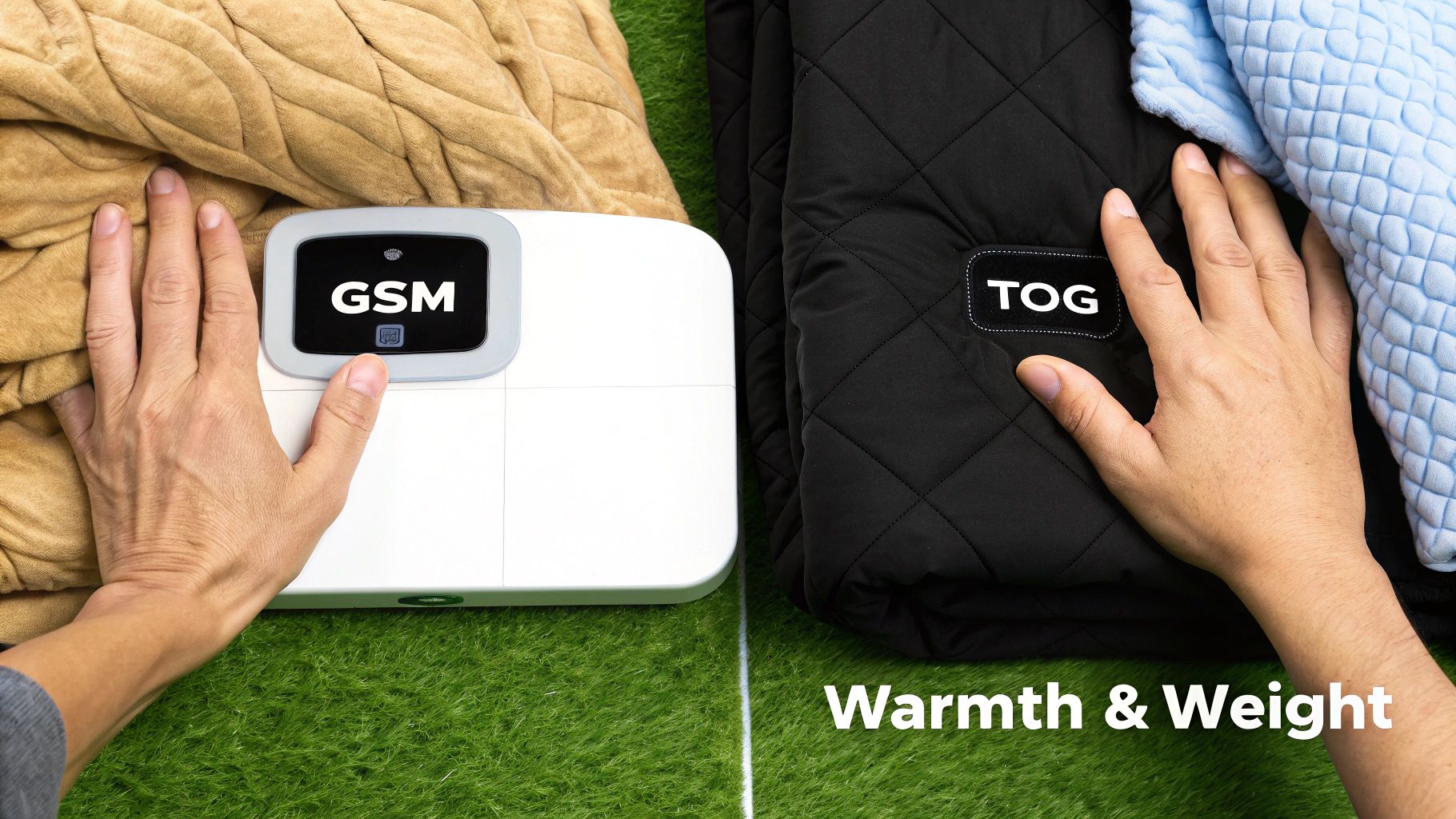 A person measuring the thickness of a folded winter blanket.