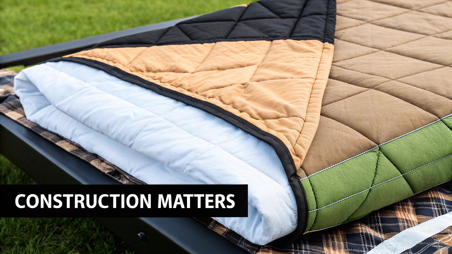 Close-up of a multi-colored, quilted comforter folded on an outdoor bed, with grass.